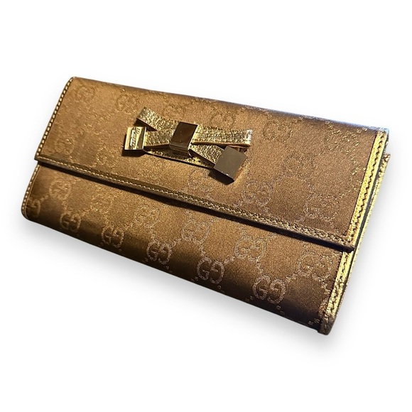 Gucci Princy Long Trifold Flap Wallet Gold Metallic and Brown GG Monogram Bow - Picture 3 of 17